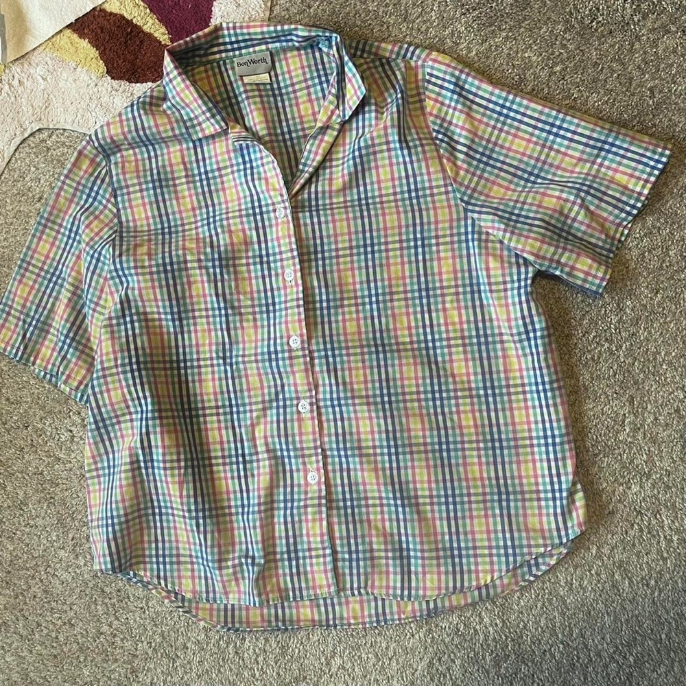 Pastel Yellow pink and blue checkered short sleeve button up shirt